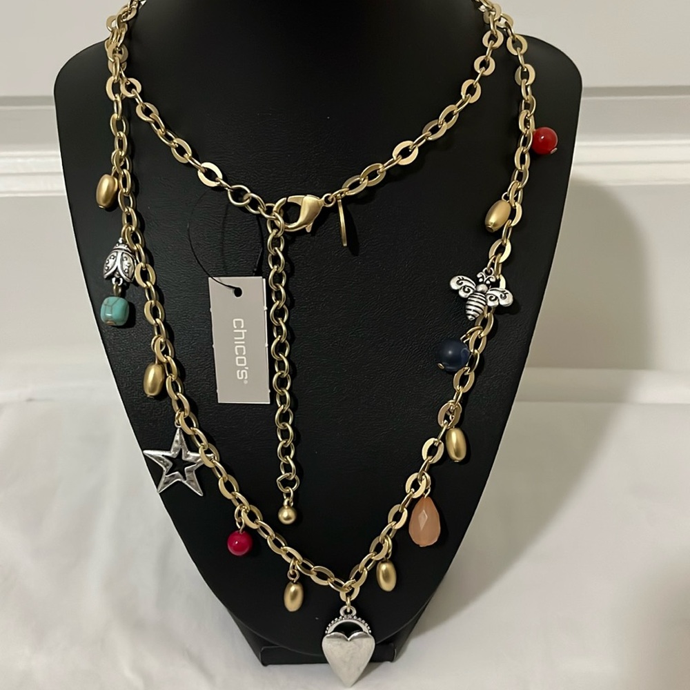 Chico’s Long Charm Necklace - Beautiful Bee, Butterfly, Heart & Star Charms